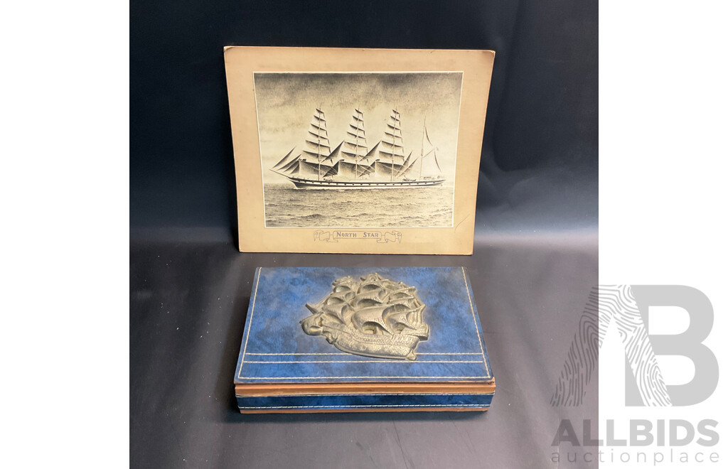Barque From Pencil Drawing by Charles H. Moore of the 'North Star' Photograph with Vintage Sailing Embossed Box