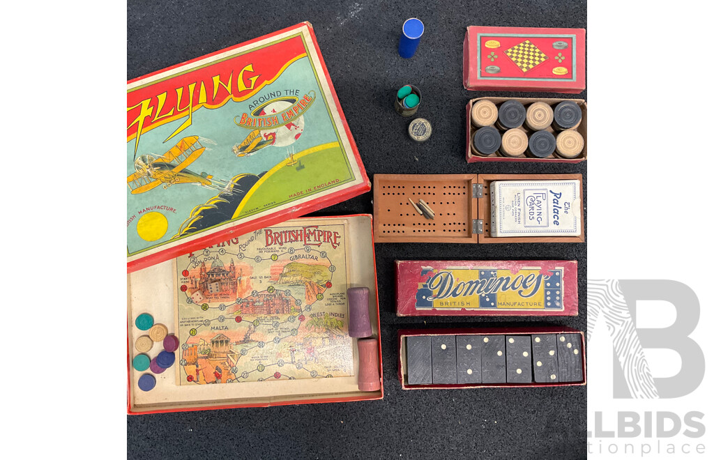 Vintage Collection of Games and Toys in Wooden Toy Box