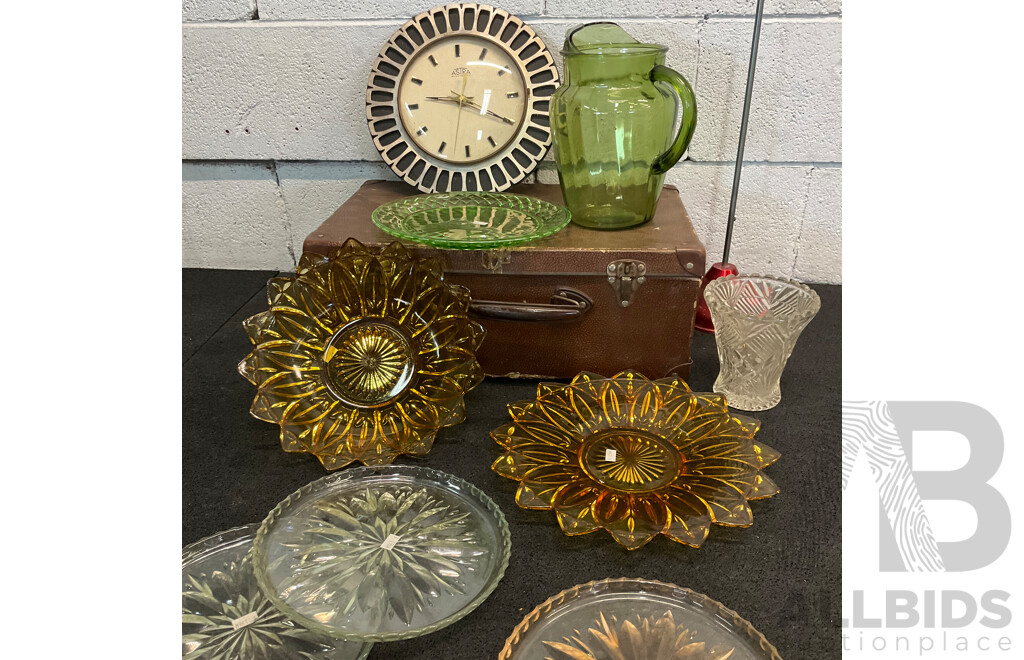 Collection of Glass Tableware, Including Amber Glass Sunflower Bowl and ASTRA Electric Wall Clock