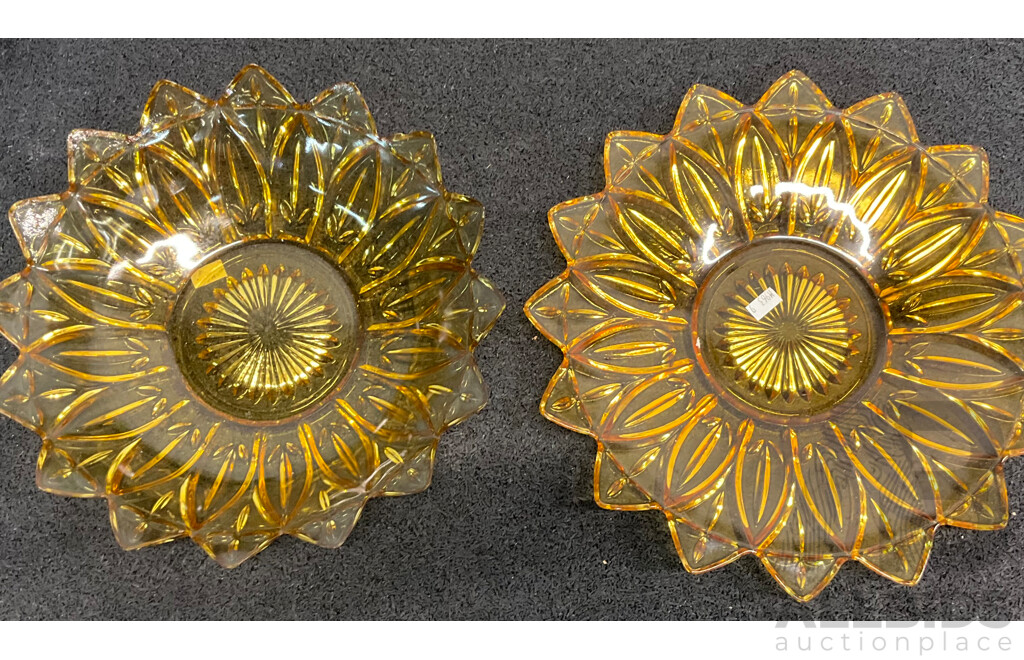 Collection of Glass Tableware, Including Amber Glass Sunflower Bowl and ASTRA Electric Wall Clock