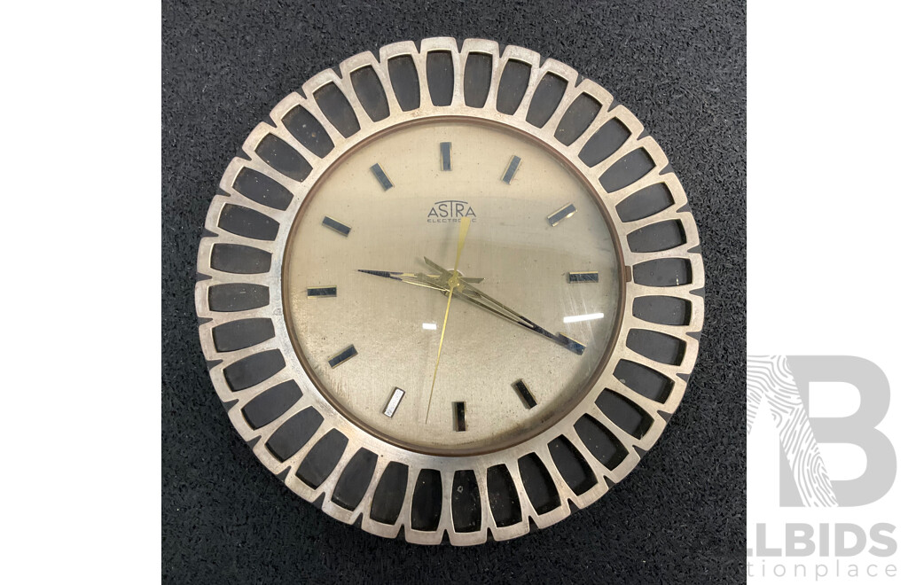 Collection of Glass Tableware, Including Amber Glass Sunflower Bowl and ASTRA Electric Wall Clock