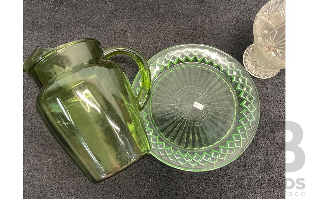 Collection of Glass Tableware, Including Amber Glass Sunflower Bowl and ASTRA Electric Wall Clock