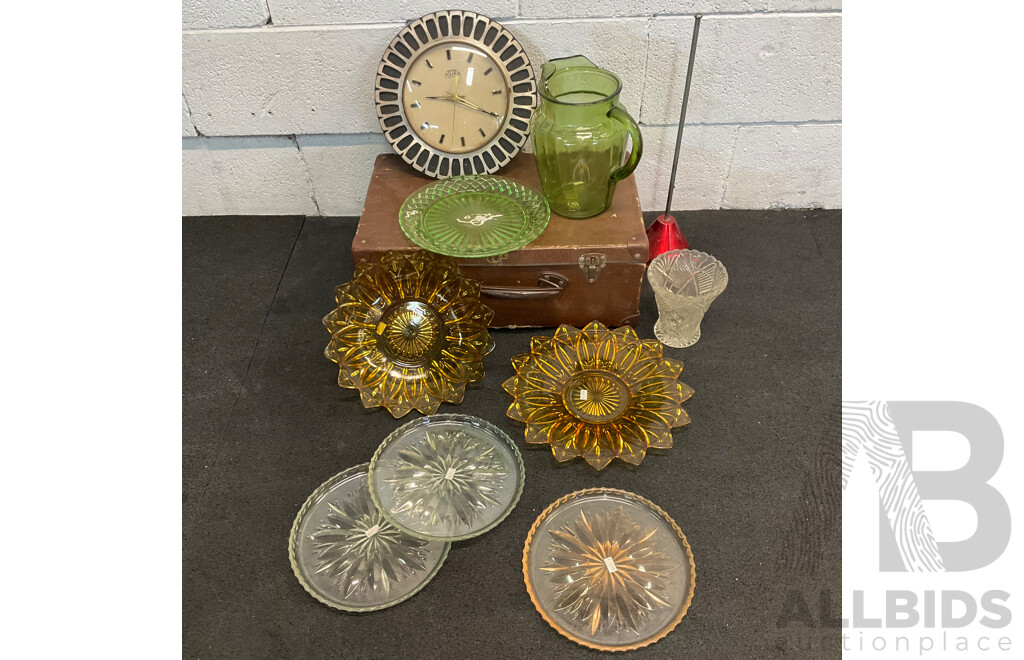 Collection of Glass Tableware, Including Amber Glass Sunflower Bowl and ASTRA Electric Wall Clock