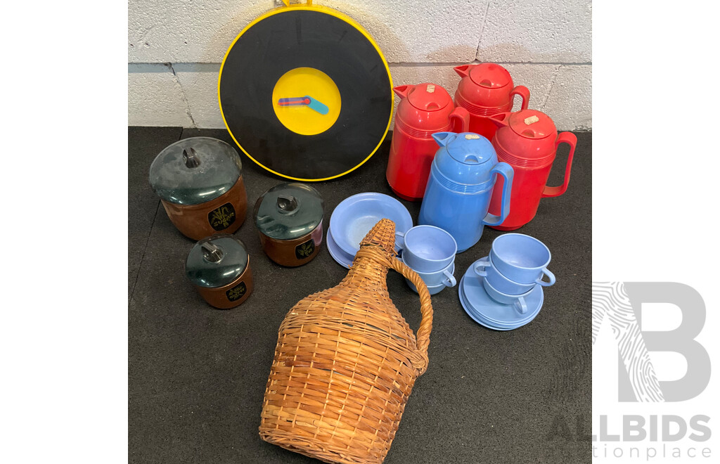 Collection of Vintage Picnic Ware, Ikea Clock, Large Wicker-wrapped Glass Demijohn Bottle and Set of Kitchen Canisters