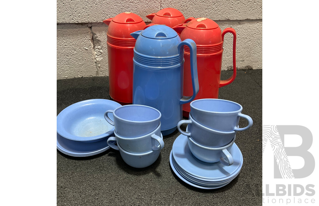 Collection of Vintage Picnic Ware, Ikea Clock, Large Wicker-wrapped Glass Demijohn Bottle and Set of Kitchen Canisters