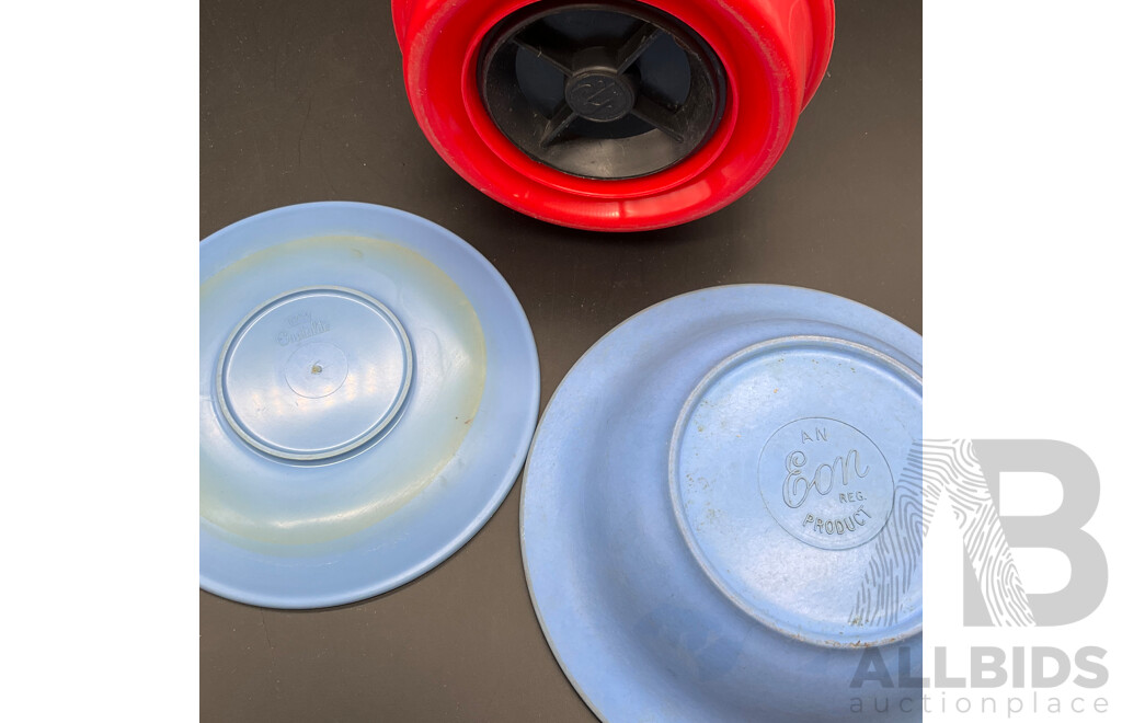 Collection of Vintage Picnic Ware, Ikea Clock, Large Wicker-wrapped Glass Demijohn Bottle and Set of Kitchen Canisters