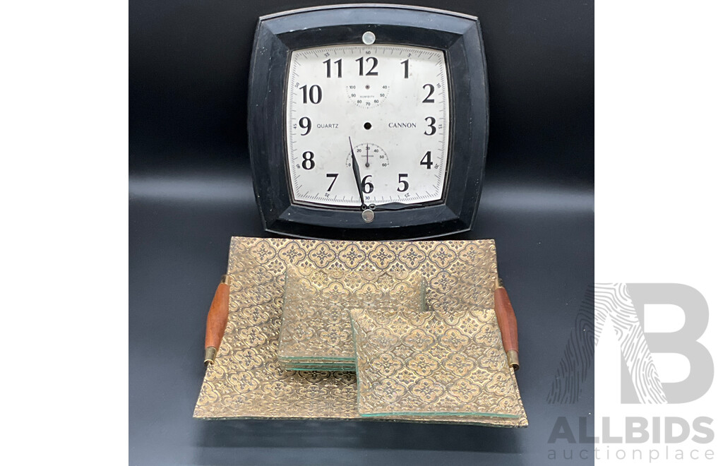 Mid-Century Square Tray with Wooden Handle and 4 Serving Plates, Cannon Quart Wall Clock