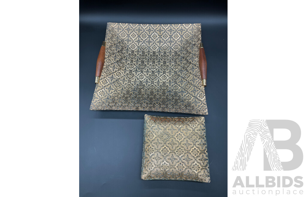 Mid-Century Square Tray with Wooden Handle and 4 Serving Plates, Cannon Quart Wall Clock