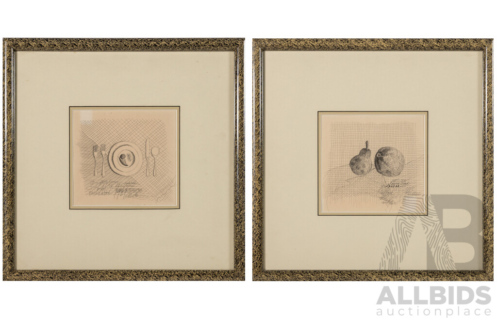 Karina Wood, (20th Century, Australian), Pear & Apple and Petite Dinner (1989), Pair of Wonderful Original Sketches, 40 x 40 cm (frames) (2)