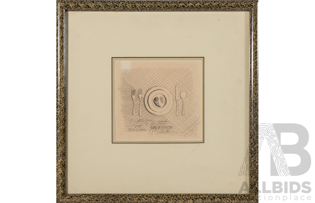 Karina Wood, (20th Century, Australian), Pear & Apple and Petite Dinner (1989), Pair of Wonderful Original Sketches, 40 x 40 cm (frames) (2)