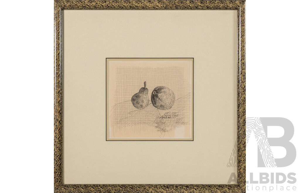 Karina Wood, (20th Century, Australian), Pear & Apple and Petite Dinner (1989), Pair of Wonderful Original Sketches, 40 x 40 cm (frames) (2)