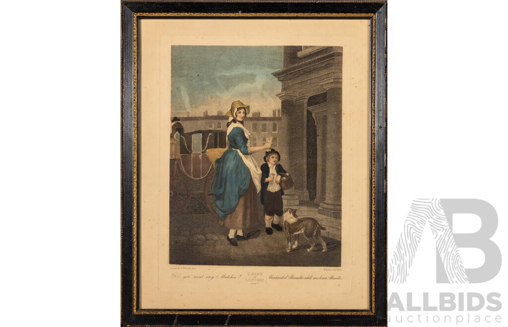 After Francis Wheatley (18th Century, British, 1747-1801), Do You Want Any Matches  [From Cries of London], Antique Stipple Engraving on a Vellin Type Paper & Hand Coloured on Plate, 52 x 43 cm (frame)