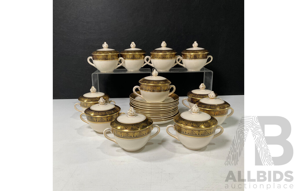 Collection of Eleven Soup Bowls with Lid and Saucer Set by Ambassador Ware Soho Pottery