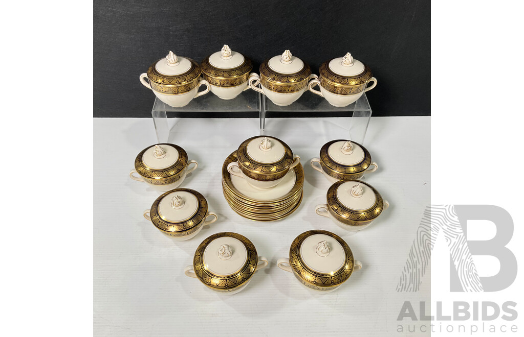 Collection of Eleven Soup Bowls with Lid and Saucer Set by Ambassador Ware Soho Pottery