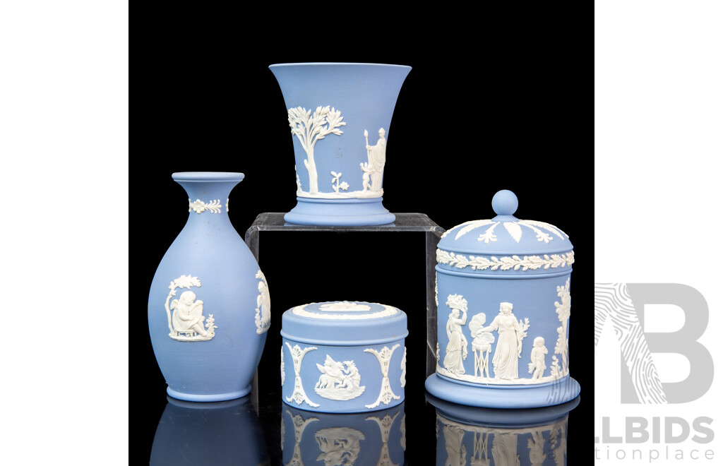 Wedgewood Blue Dip Jasperware Lidded Tobacco Jar with Two Vases and Lidded Pin Dish