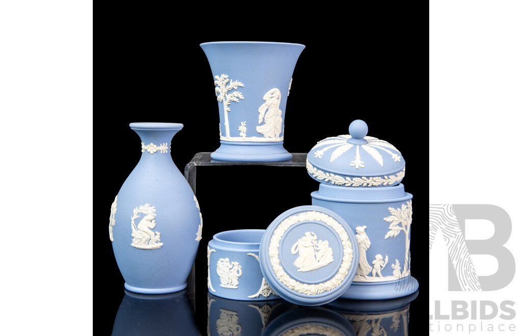 Wedgewood Blue Dip Jasperware Lidded Tobacco Jar with Two Vases and Lidded Pin Dish