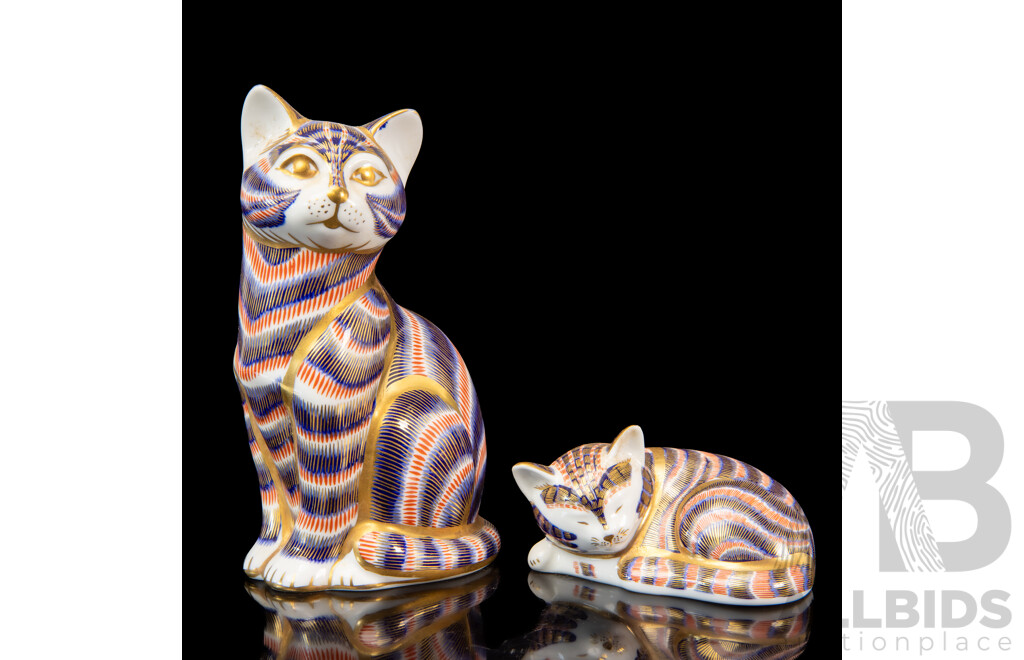 Royal Crown Derby Imari Cat Paperweights, Fine Bone China, Featuring a Sitting Cat and a Sleeping Kitten