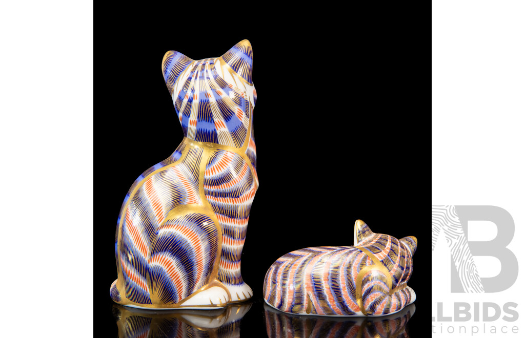 Royal Crown Derby Imari Cat Paperweights, Fine Bone China, Featuring a Sitting Cat and a Sleeping Kitten