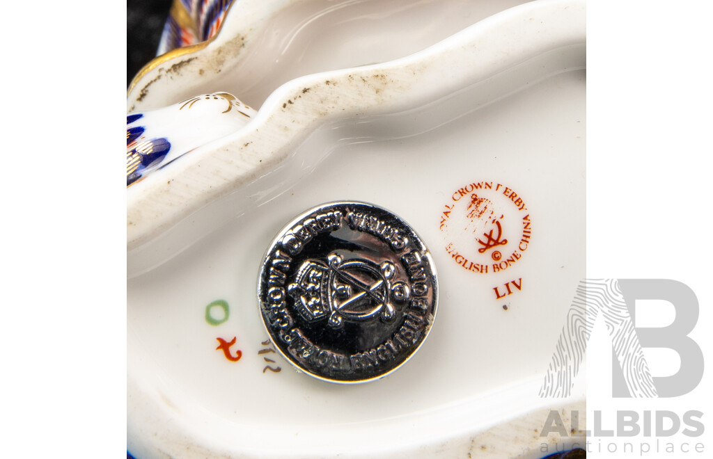 Royal Crown Derby Imari Cat Paperweights, Fine Bone China, Featuring a Sitting Cat and a Sleeping Kitten