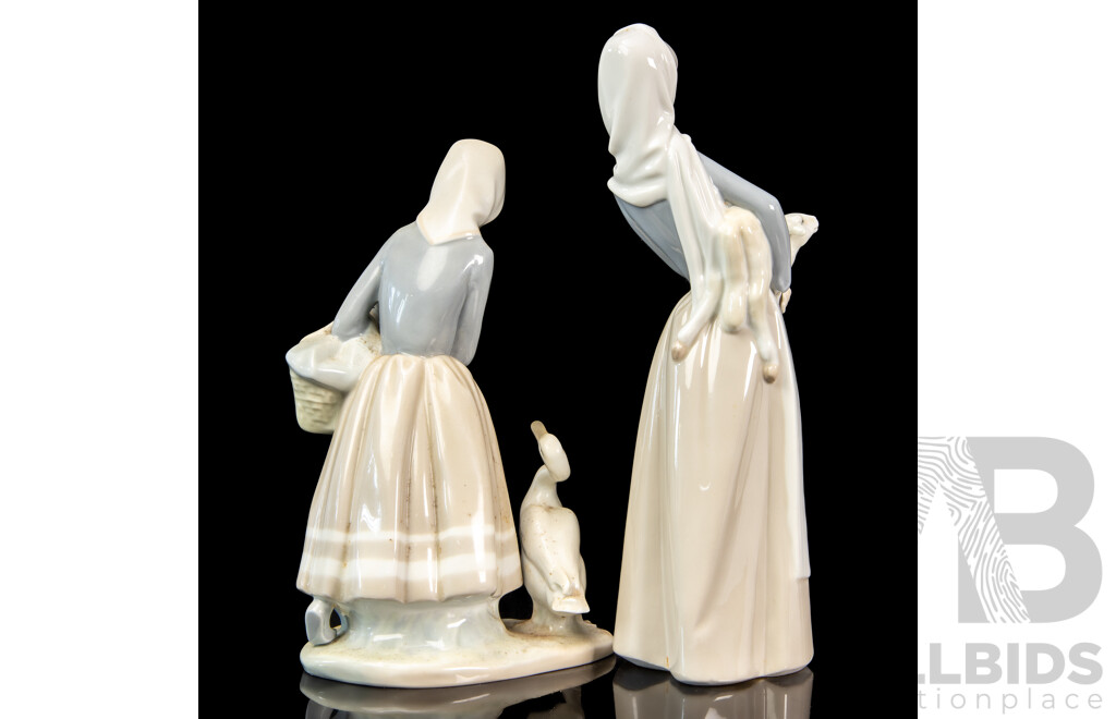 Pair of Lladro Porcelain Farm Girl Figures