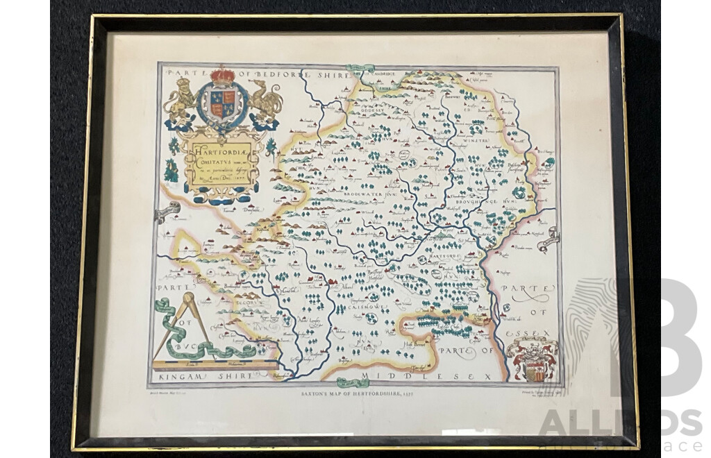 After Christopher Saxton ''Saxton's Map of Hertfordshire'' (1577), Colored Print - Framed, 53 X 66 Cm (frame)
