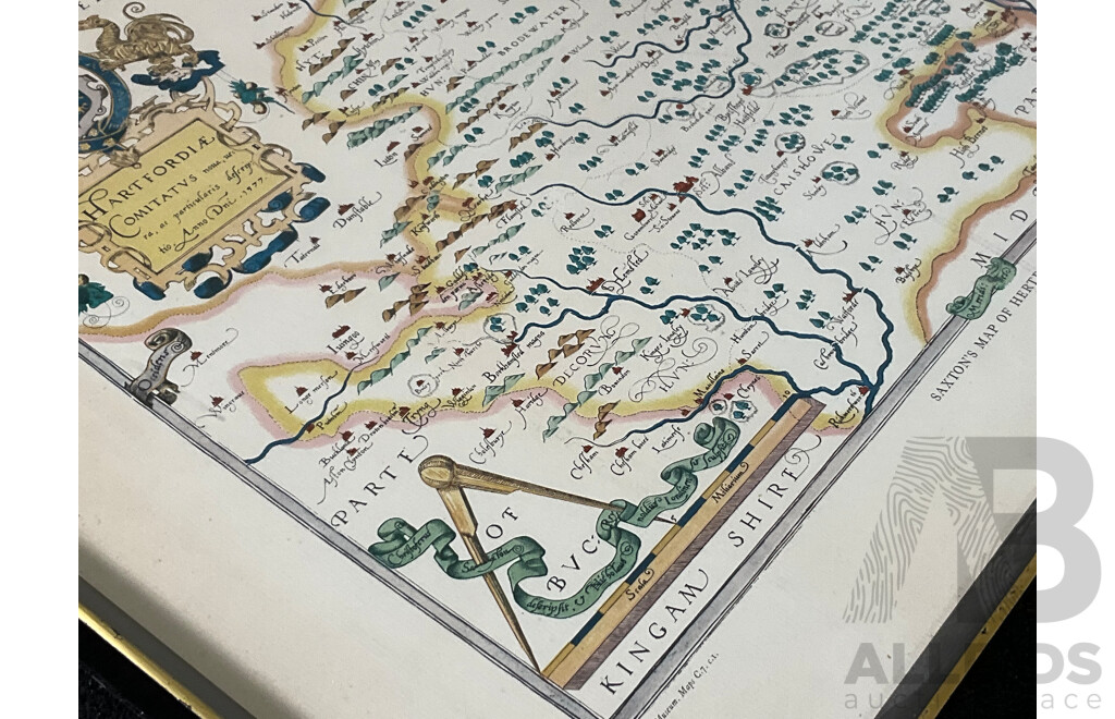 After Christopher Saxton ''Saxton's Map of Hertfordshire'' (1577), Colored Print - Framed, 53 X 66 Cm (frame)