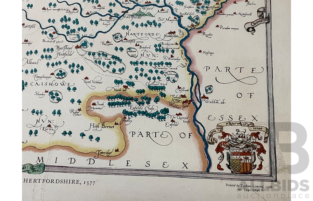 After Christopher Saxton ''Saxton's Map of Hertfordshire'' (1577), Colored Print - Framed, 53 X 66 Cm (frame)