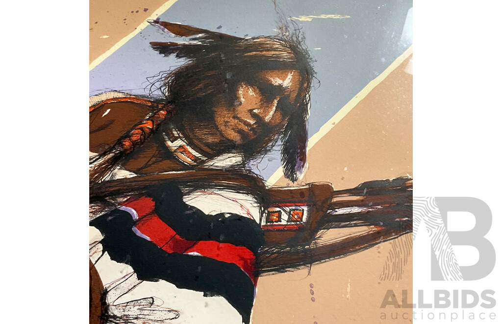 Larry Fodor, USA Cherokee ''Kiasax St II'', Original Handcoloured Stone Lithograph (1982) 111 X 87 Cm (frame)