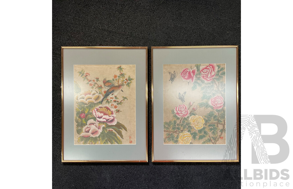 Pair of Chinese Traditional Paintings of Peonies and Birds, Ink and Watercolor on Hand Made Paper, 56 X 42 Cm (frame)