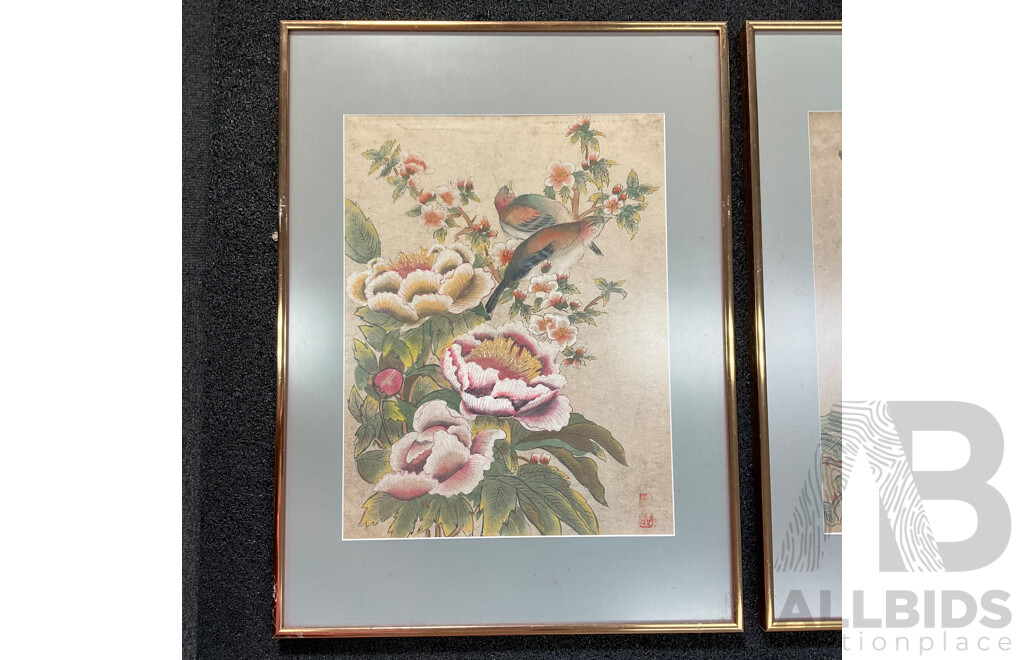 Pair of Chinese Traditional Paintings of Peonies and Birds, Ink and Watercolor on Hand Made Paper, 56 X 42 Cm (frame)