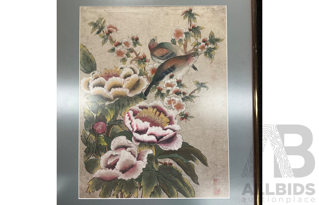 Pair of Chinese Traditional Paintings of Peonies and Birds, Ink and Watercolor on Hand Made Paper, 56 X 42 Cm (frame)