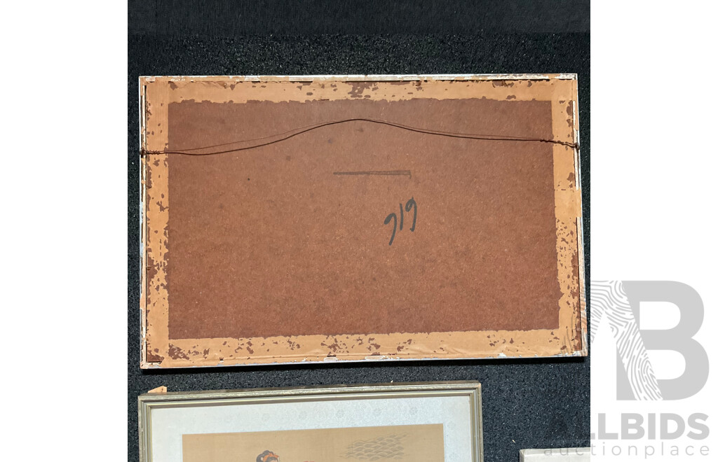 Framed Chinese Stone Rubbing Together with Other Framed Asian Art - Lot of 4