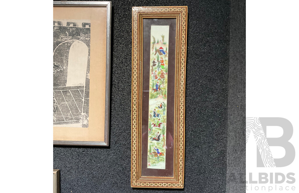 Framed Chinese Stone Rubbing Together with Other Framed Asian Art - Lot of 4