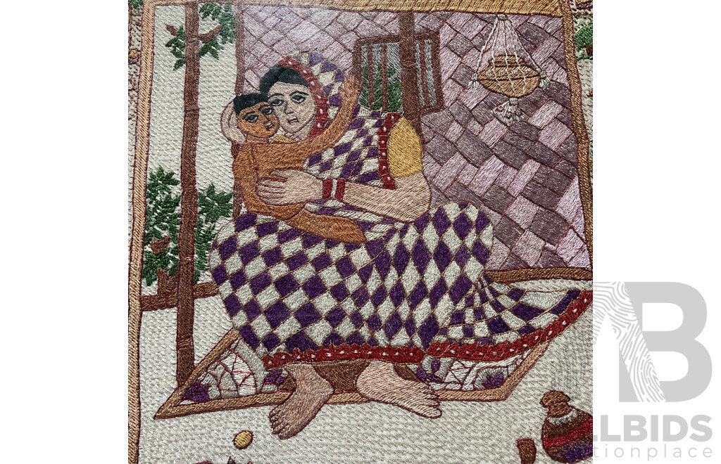 Framed Chinese Stone Rubbing Together with Other Framed Asian Art - Lot of 4