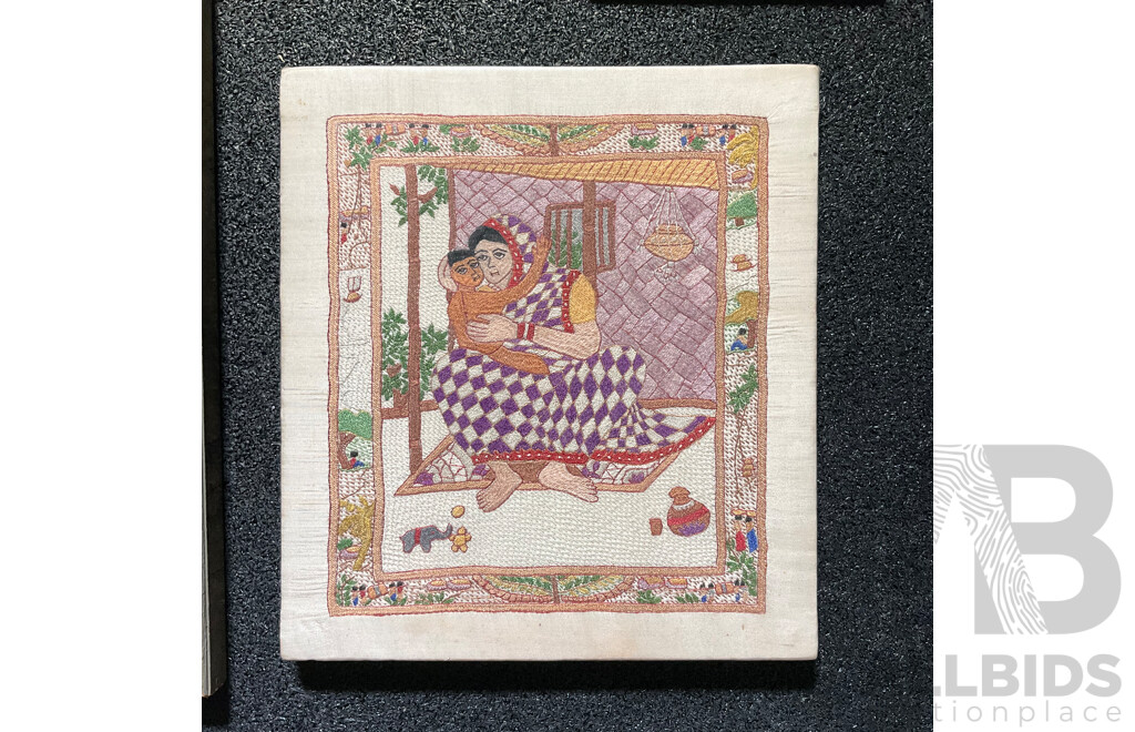 Framed Chinese Stone Rubbing Together with Other Framed Asian Art - Lot of 4