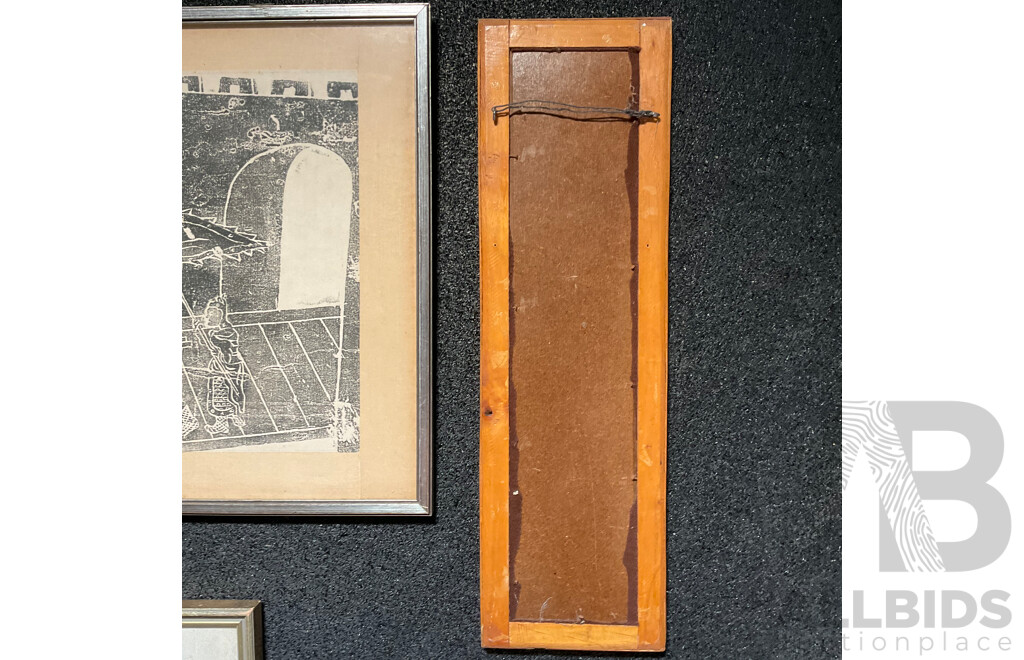 Framed Chinese Stone Rubbing Together with Other Framed Asian Art - Lot of 4