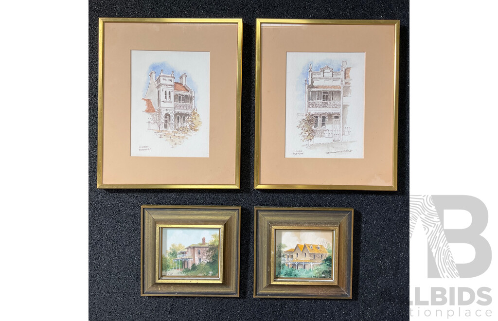 H. Nimmo ''Paddington''  Watercolor, 32 x 27 cm (frame), Lane ''Hunters Hill'' and ''Bailmain'' Oil on Board, 17 x 19 cm (frame) - Lot of 4