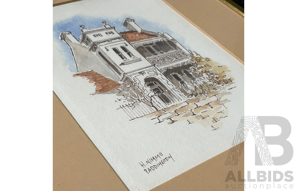 H. Nimmo ''Paddington''  Watercolor, 32 x 27 cm (frame), Lane ''Hunters Hill'' and ''Bailmain'' Oil on Board, 17 x 19 cm (frame) - Lot of 4