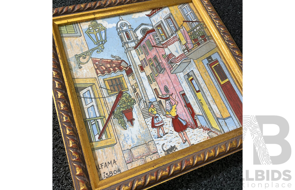 Alfama Lisboa ''Lisboa Portugal'' Hand Painted Milavale, 48 x 17 Cm (frame), 17 x 17.5 Cm (frame), 23 x 18 Cm (frame)