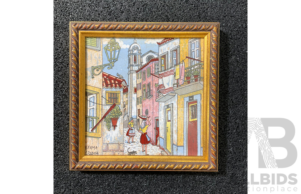 Alfama Lisboa ''Lisboa Portugal'' Hand Painted Milavale, 48 x 17 Cm (frame), 17 x 17.5 Cm (frame), 23 x 18 Cm (frame)