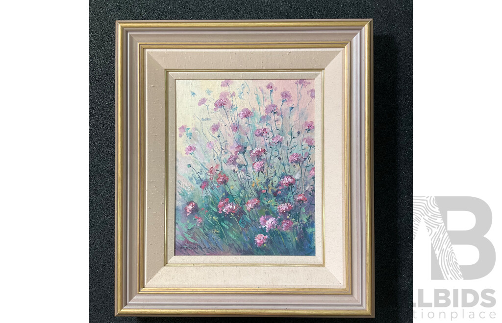 Merran Cork (1945- ) ''Roadside Flowers'' Oil on Board, 59 x 51 Cm (frame)