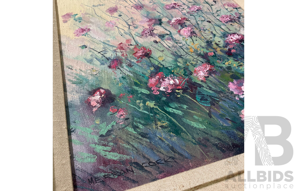 Merran Cork (1945- ) ''Roadside Flowers'' Oil on Board, 59 x 51 Cm (frame)