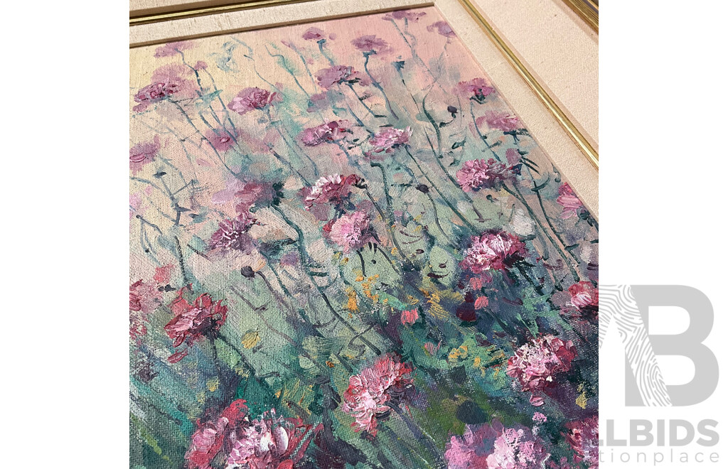 Merran Cork (1945- ) ''Roadside Flowers'' Oil on Board, 59 x 51 Cm (frame)