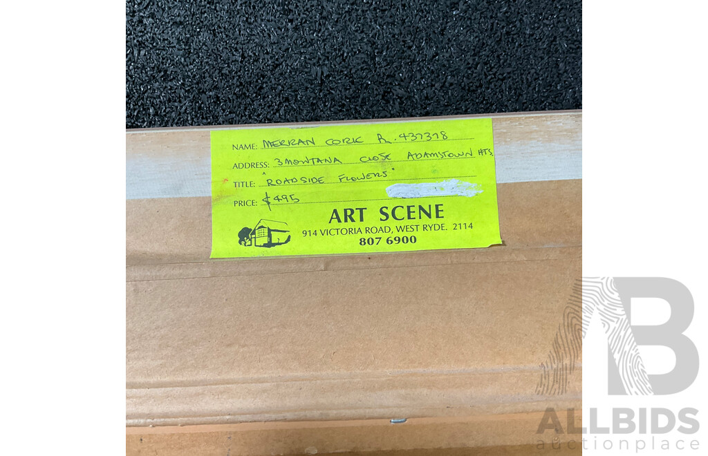 Merran Cork (1945- ) ''Roadside Flowers'' Oil on Board, 59 x 51 Cm (frame)