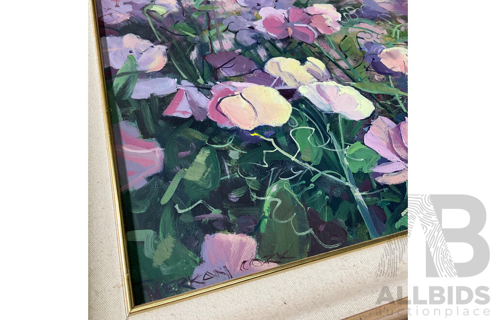 Merran Cork (1945- ) ''Sweat Peas'' Oil on Board, 53 x 63 Cm (frame)