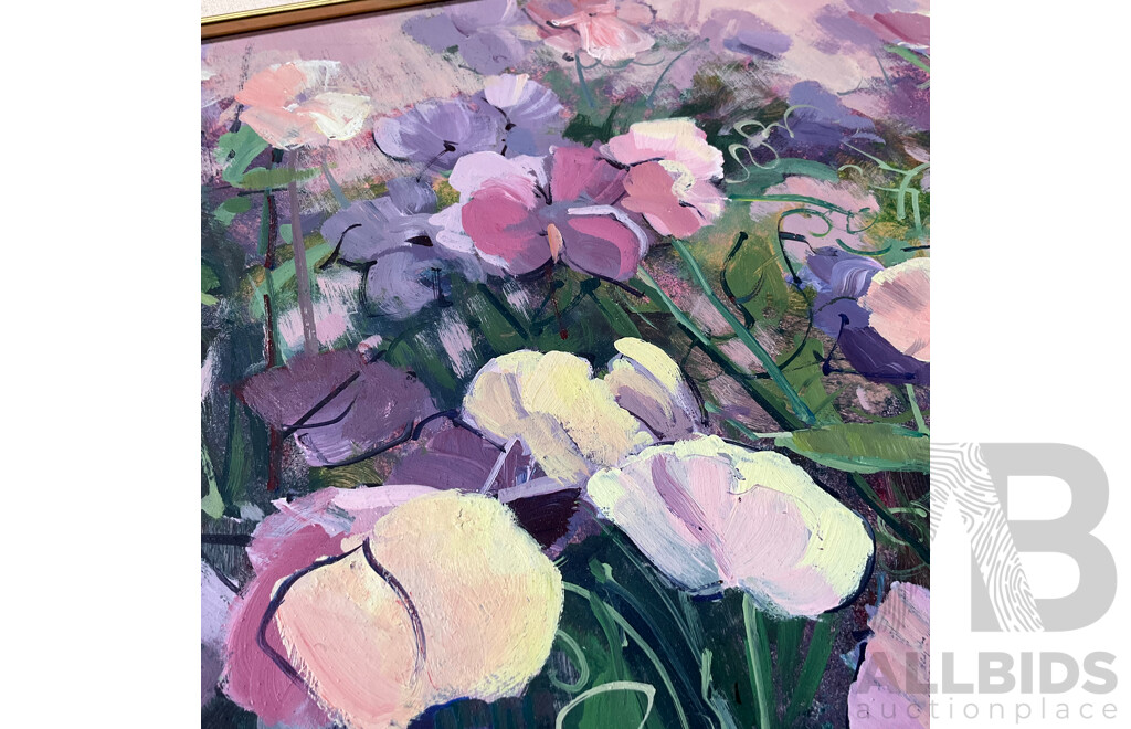 Merran Cork (1945- ) ''Sweat Peas'' Oil on Board, 53 x 63 Cm (frame)