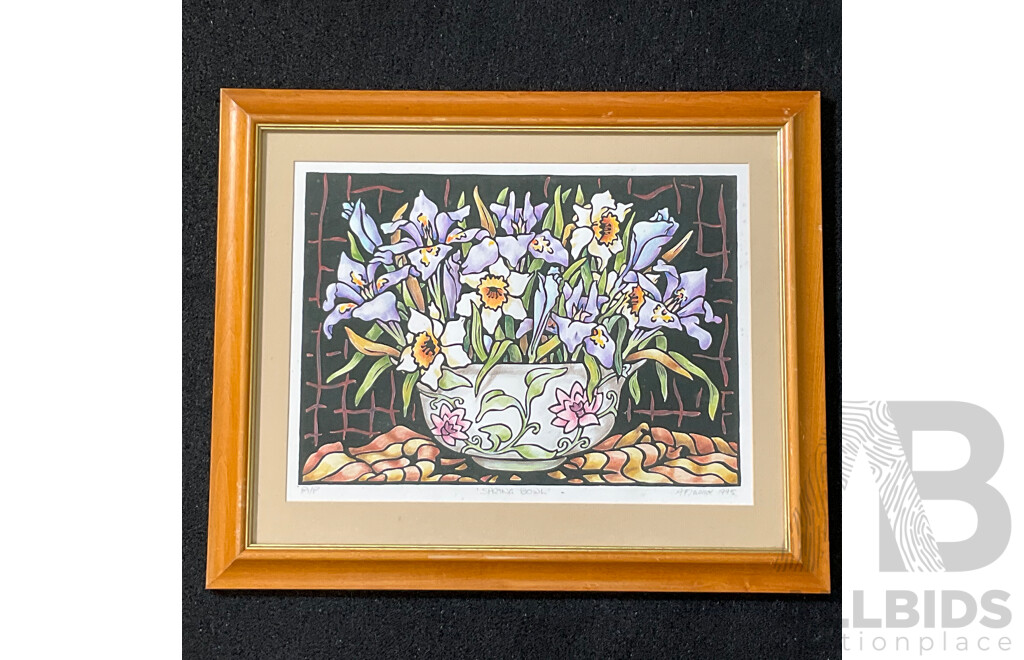 Anne Friend  ''Spring Bowl'' Lino-cut and Colour Pencil, 49 X 58 Cm (frame)