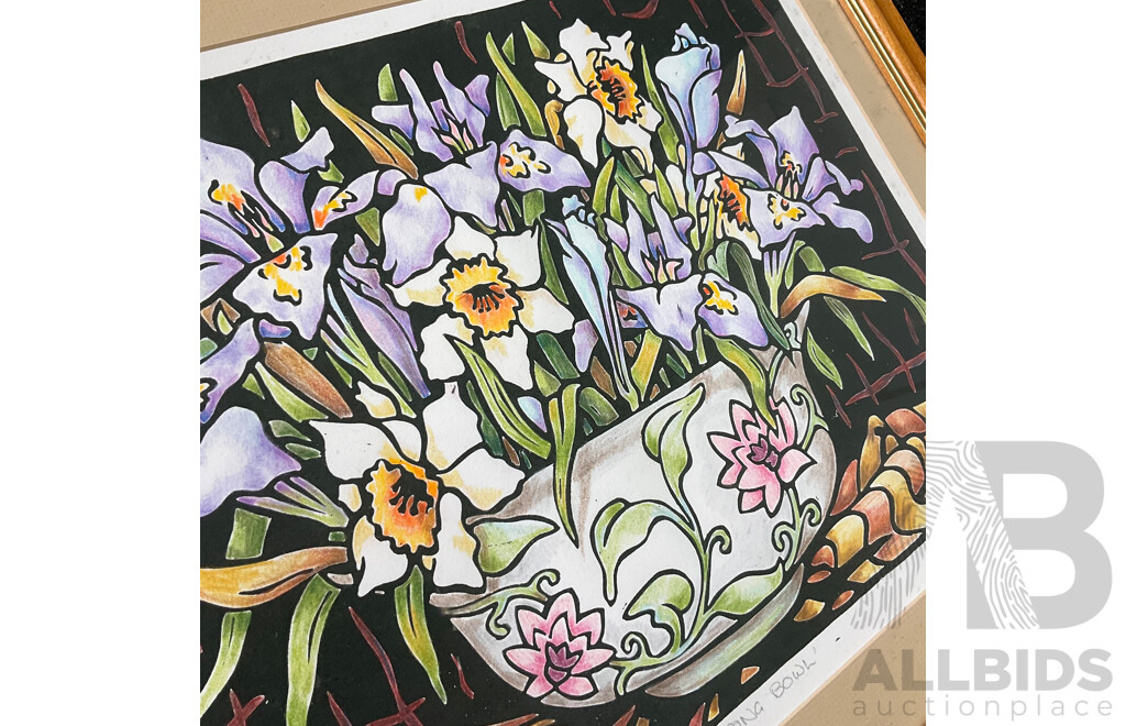 Anne Friend  ''Spring Bowl'' Lino-cut and Colour Pencil, 49 X 58 Cm (frame)