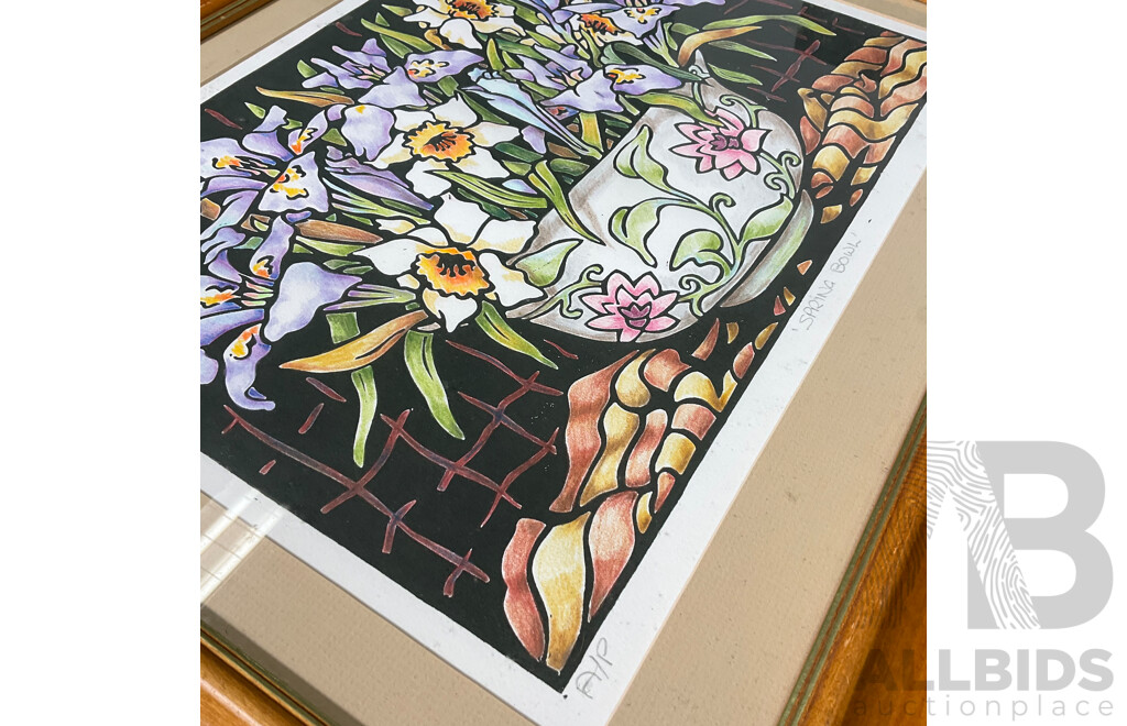 Anne Friend  ''Spring Bowl'' Lino-cut and Colour Pencil, 49 X 58 Cm (frame)