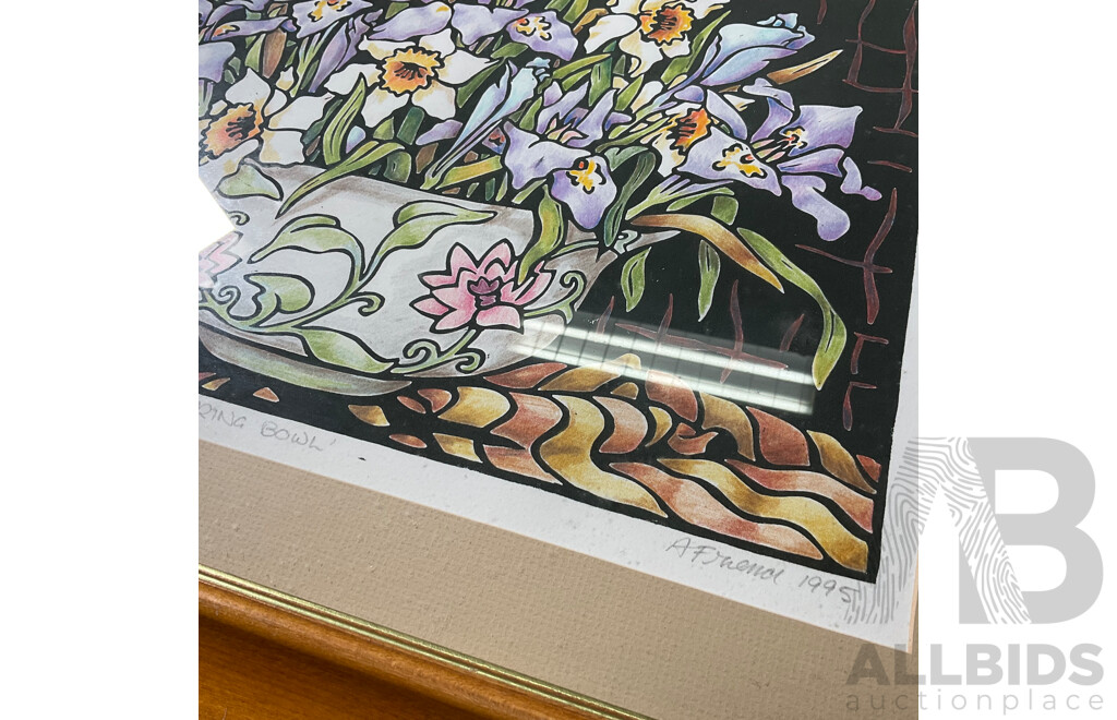 Anne Friend  ''Spring Bowl'' Lino-cut and Colour Pencil, 49 X 58 Cm (frame)